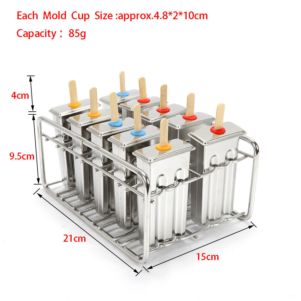 10Pcs Stainless Steel Flat Double Slot Ice Cream Popsicle Lolly Mould Ice Tray - Fresh Stock Dated February 2026