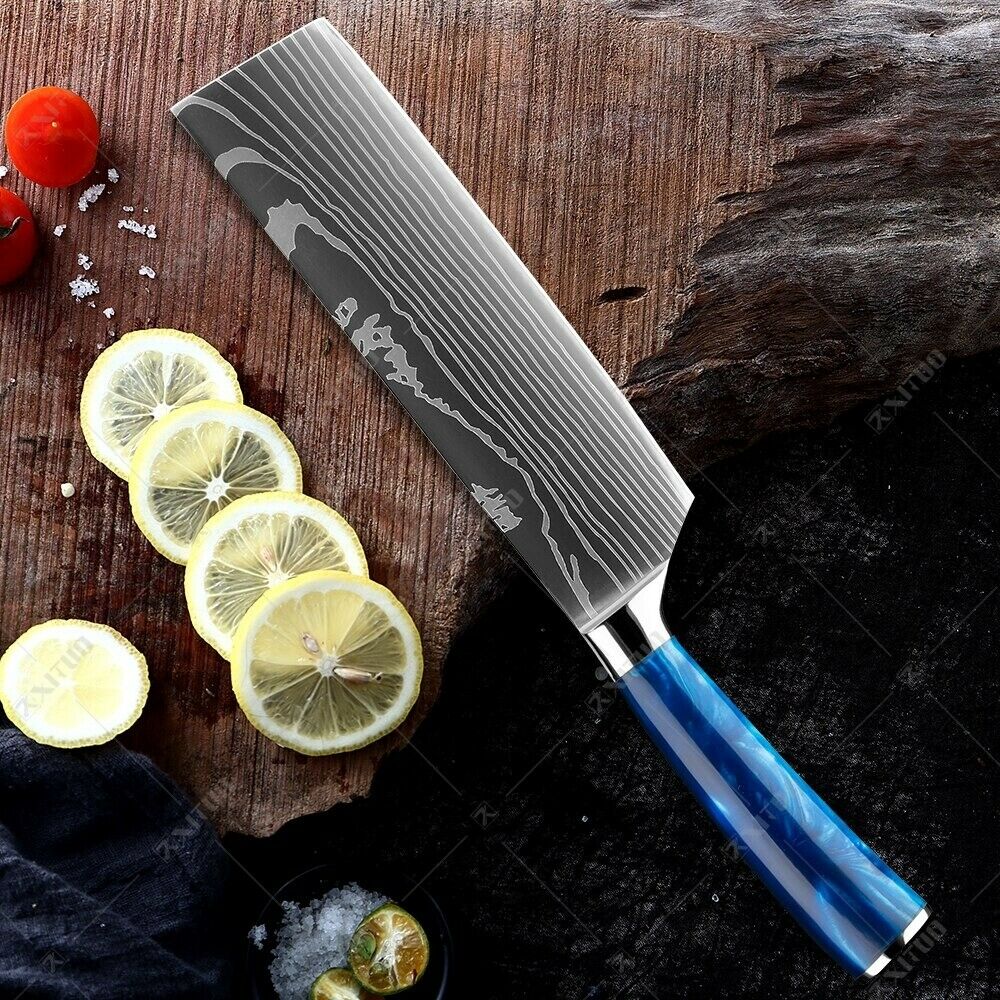 10 Pcs kitchen knives Set Damascus pattern Japanese Chef knife blue resin handle - Fresh Stock Dated January 2026