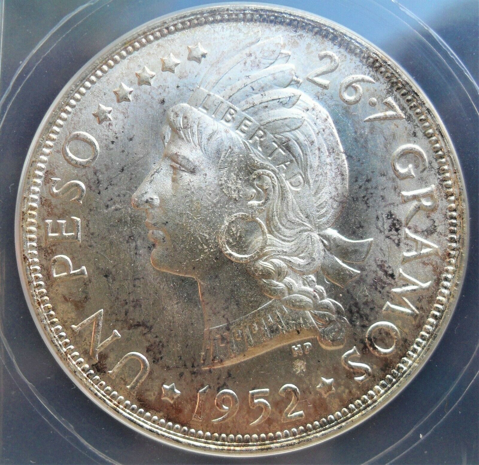 1952 Dominican Republic Peso , ANACS MS 66 ,  nice silver coin, rare GEM . - Fresh Stock Dated December 2025