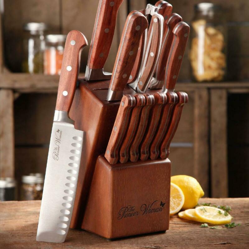 The Pioneer Woman Frontier Collection 14-Piece Cutlery Set with Wood Block, Rose - Fresh Stock Dated January 2026
