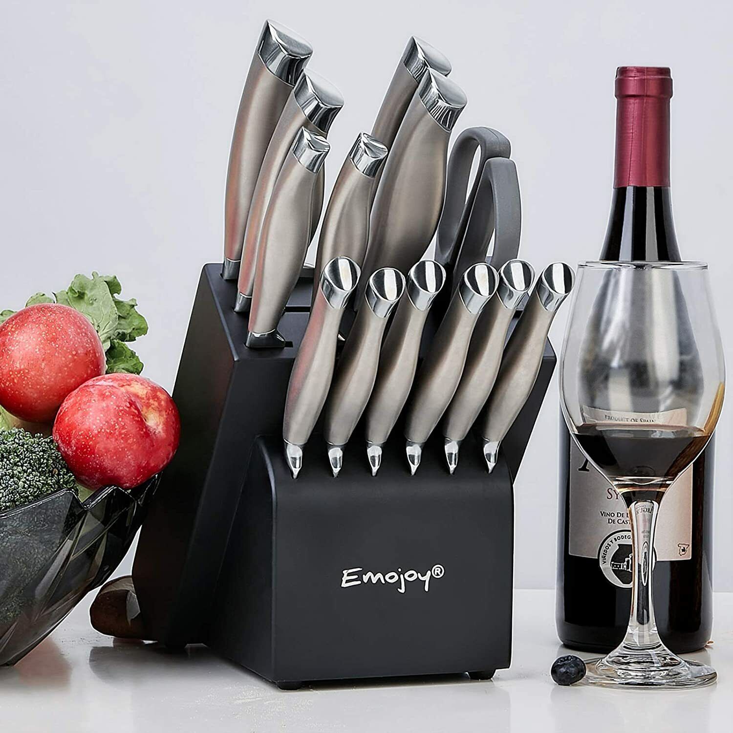 Knife Set, 15-Piece Kitchen Knife Set with Block Wooden German Stainless Steel - Fresh Stock Dated February 2026