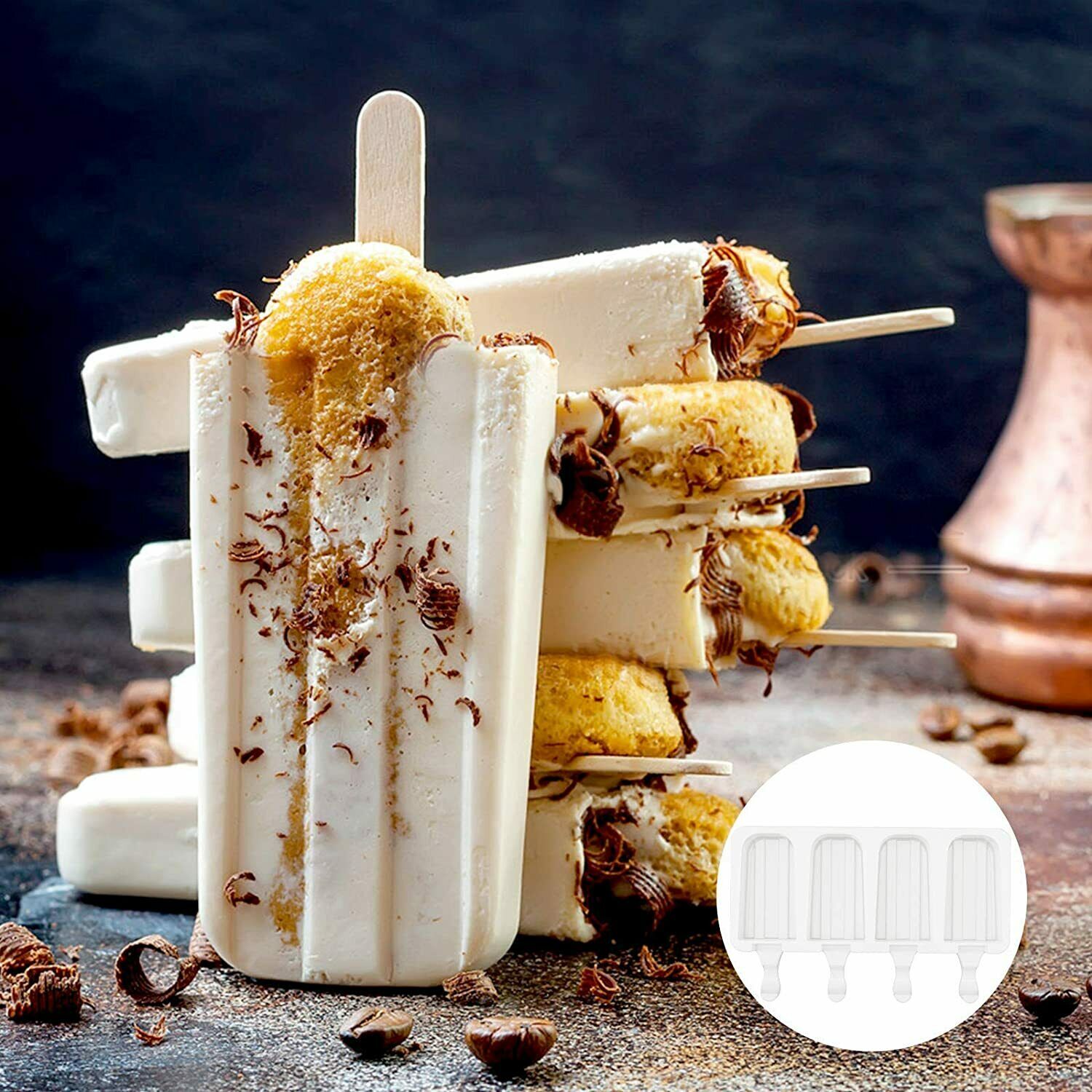 4 Cell Silicone DIY Frozen Ice Cream Mold 2 Pack with 50 Wooden Sticks Larg Size - Fresh Stock Dated February 2026