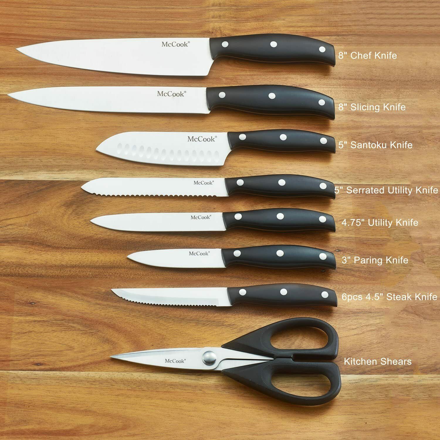 McCook 14-Piece Kitchen Knife Block Set Built-in Sharpener Full Tang Cutlery Set - Fresh Stock Dated January 2026