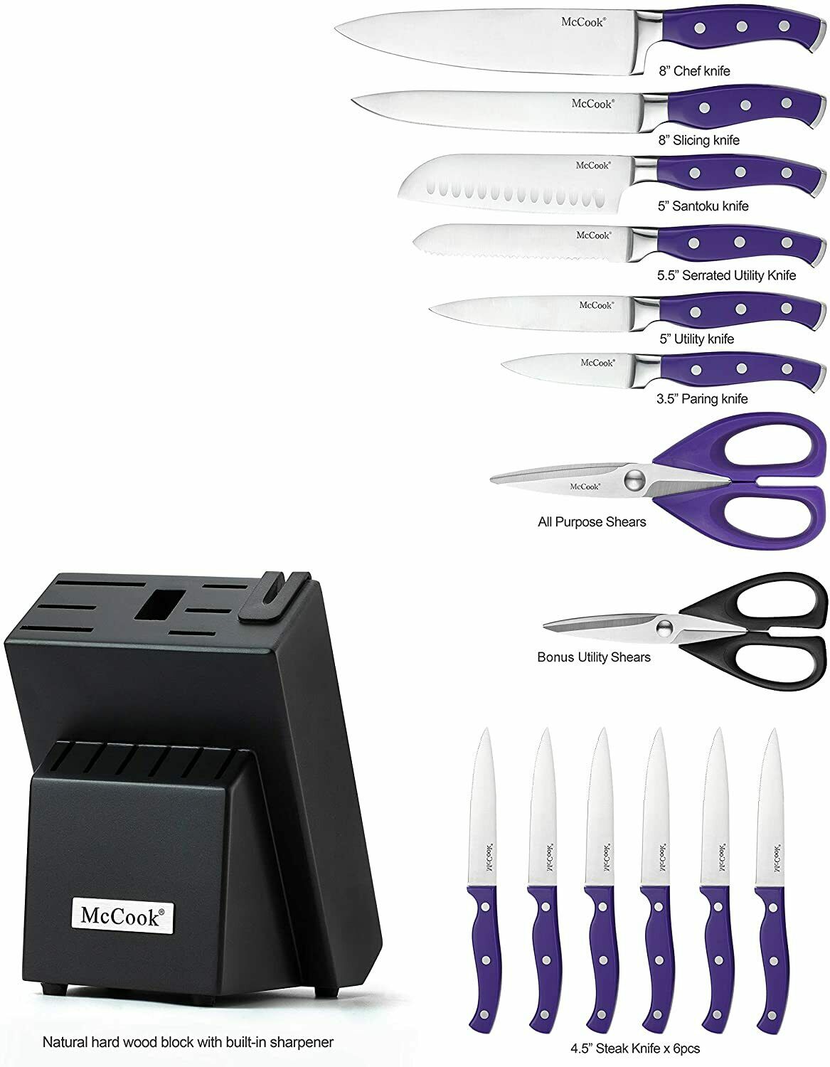 McCook 15pcs Kitchen Knife Block Set with Sharpener Cutlery Knife Set Purple - Fresh Stock Dated February 2026
