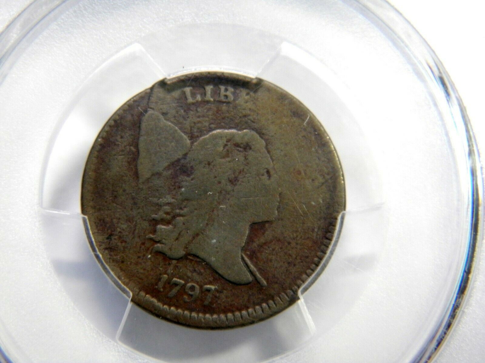 1797 LIBERTY CAP 1/2c 1OVER1 PCGS SECURE G-DET. LOOKS MUCH NICER THAN IT SOUNDS - Fresh Stock Dated December 2025