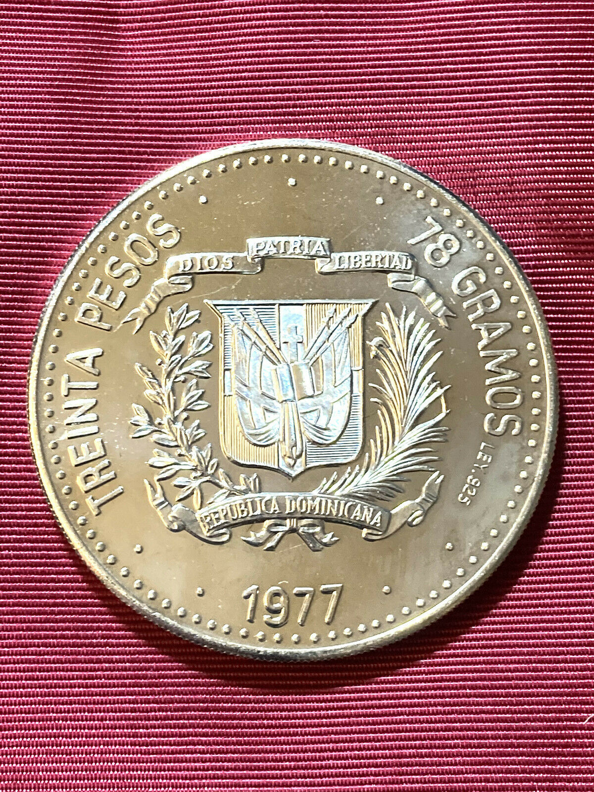 1977 DOMINICAN REPUBLIC 30 PESOS PROOF COIN OVER 2 OUNCES PURE SILVER - Fresh Stock Dated December 2025