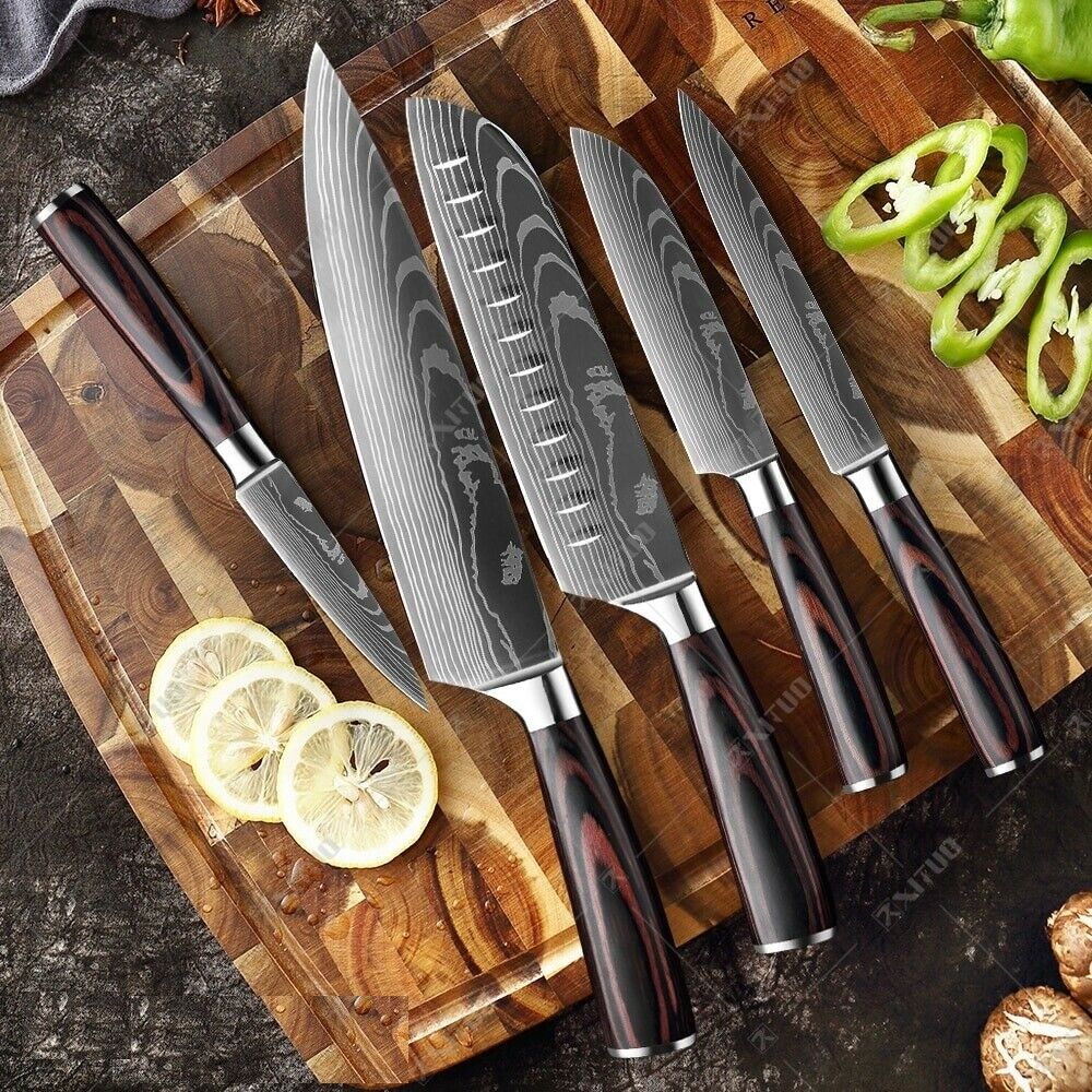 5 Pcs Kitchen Cook Knives Set Japanese Damascus Style Stainless Steel Chef Knife - Fresh Stock Dated January 2026