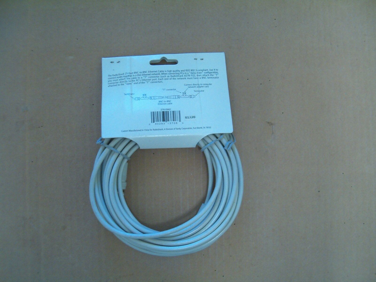 RadioShack 278-962 25-Ft. (7.62m) Ethernet Cable with BNC connectors-Mfd Mar '99 - Fresh Stock Dated December 2025