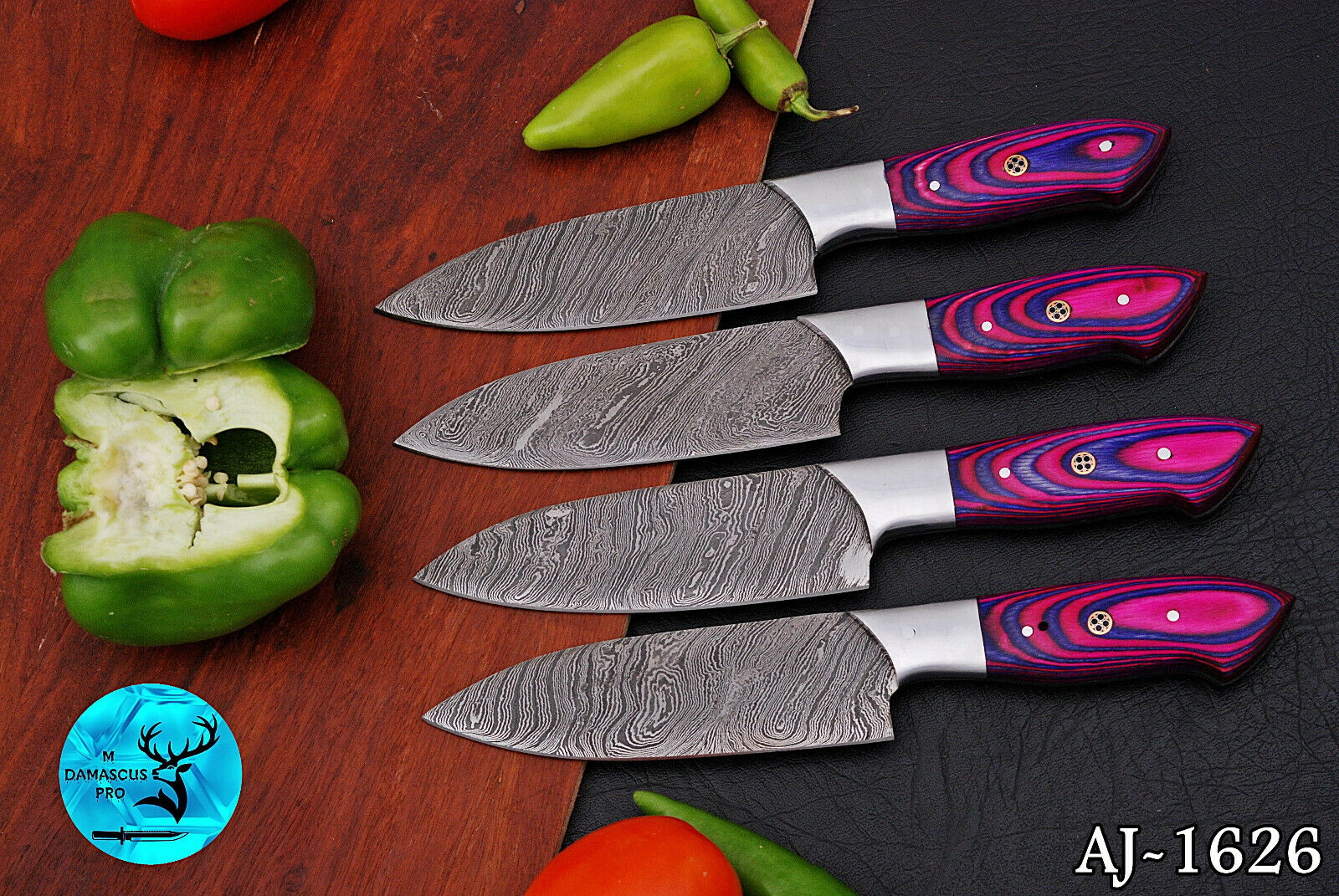FOUR DAMASCUS STEEL STEAK CHEF KNIFE SET WITH WOOD & STEEL HANDLE - AJ 1626 - Fresh Stock Dated February 2026