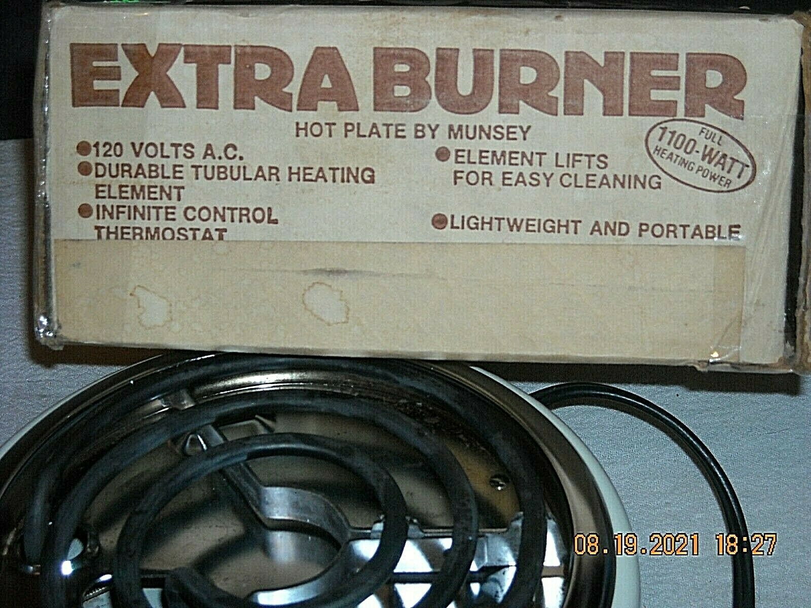 Vintage Munsey Extra Burner Hot Plate Model FB-1 Made in U.S.A. 1100 Watts 120 V - Fresh Stock Dated February 2026