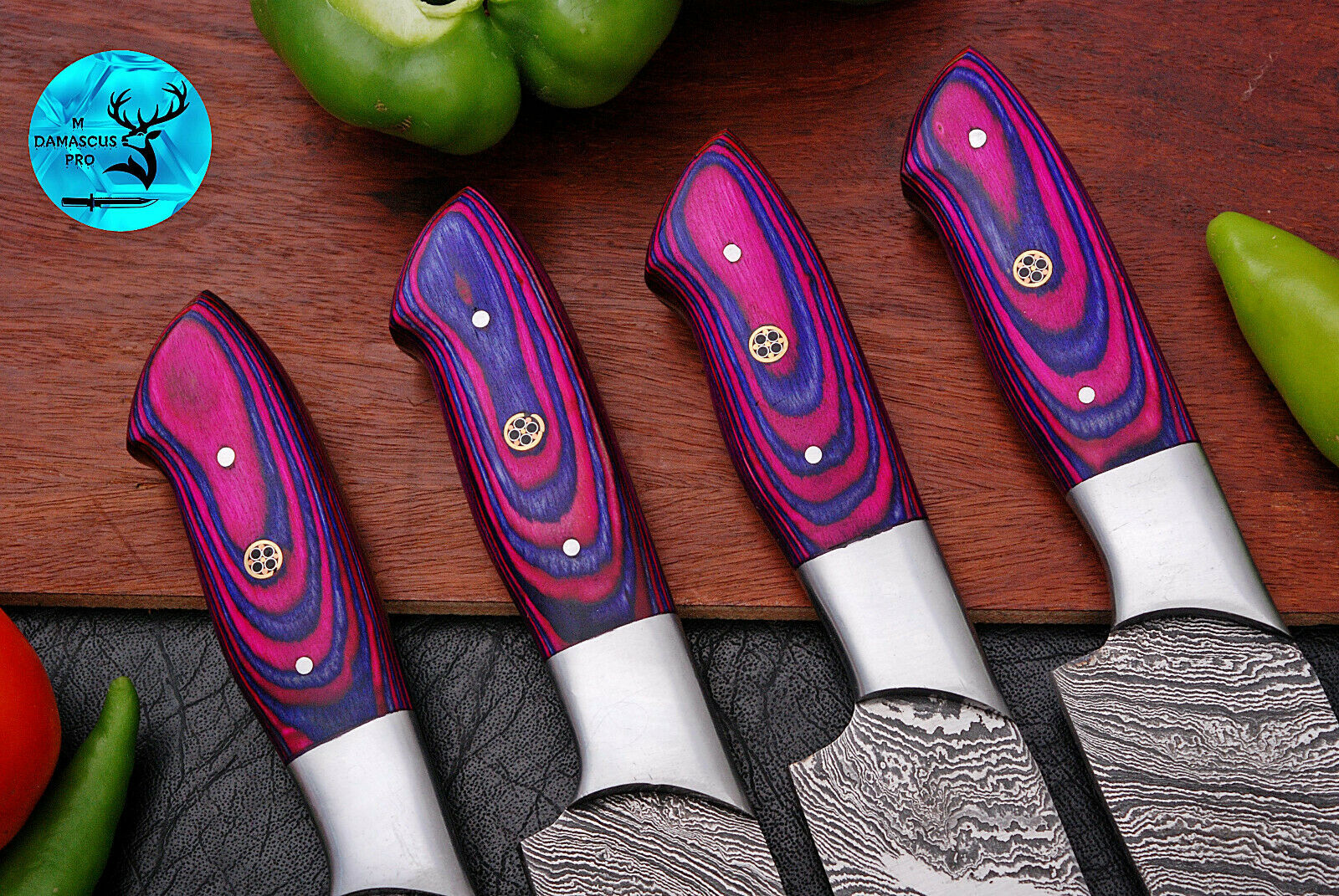 FOUR DAMASCUS STEEL STEAK CHEF KNIFE SET WITH WOOD & STEEL HANDLE - AJ 1626 - Fresh Stock Dated February 2026