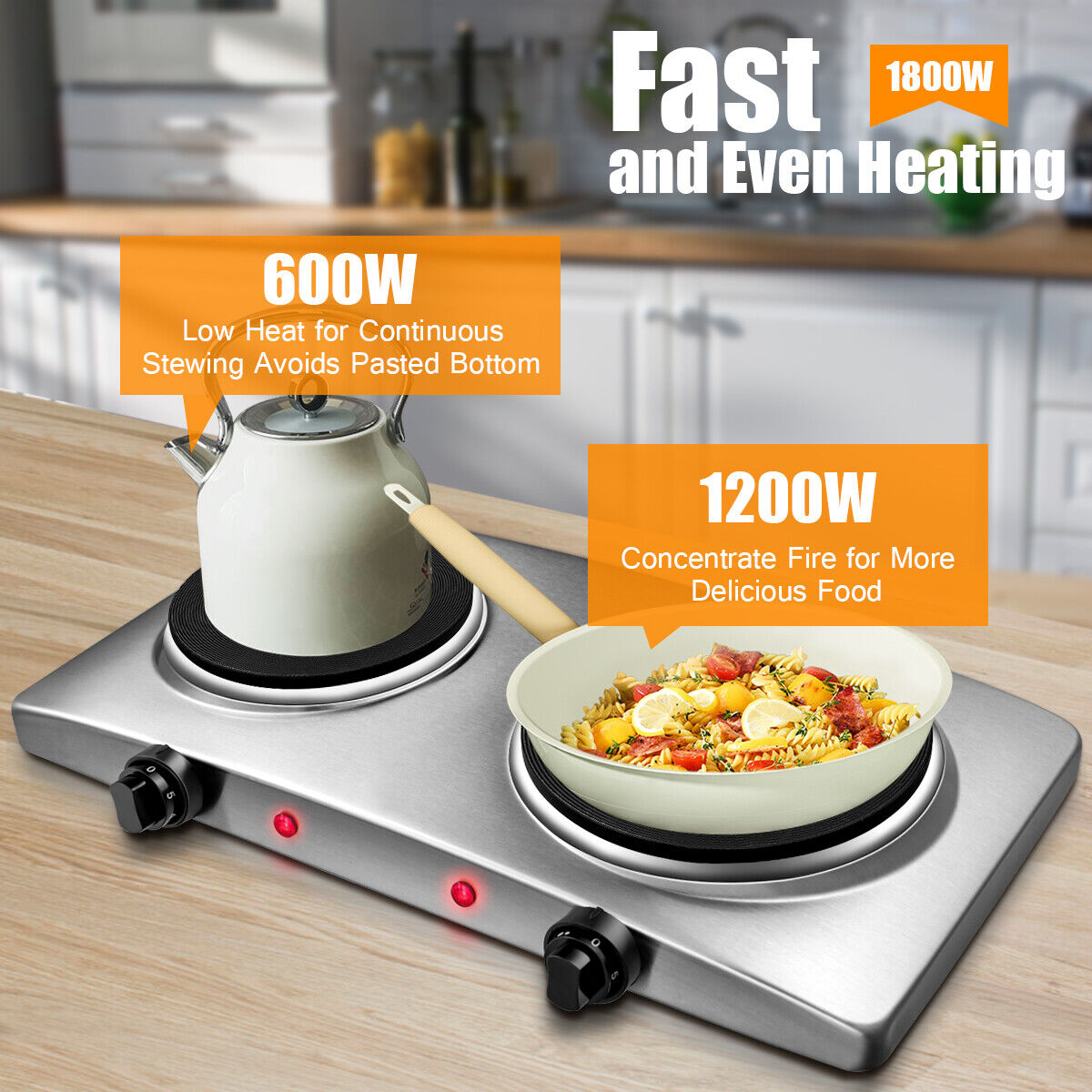 1800W Double Hot Plate Electric Countertop Burner Stainless Steel 5 Power Levels - Fresh Stock Dated February 2026