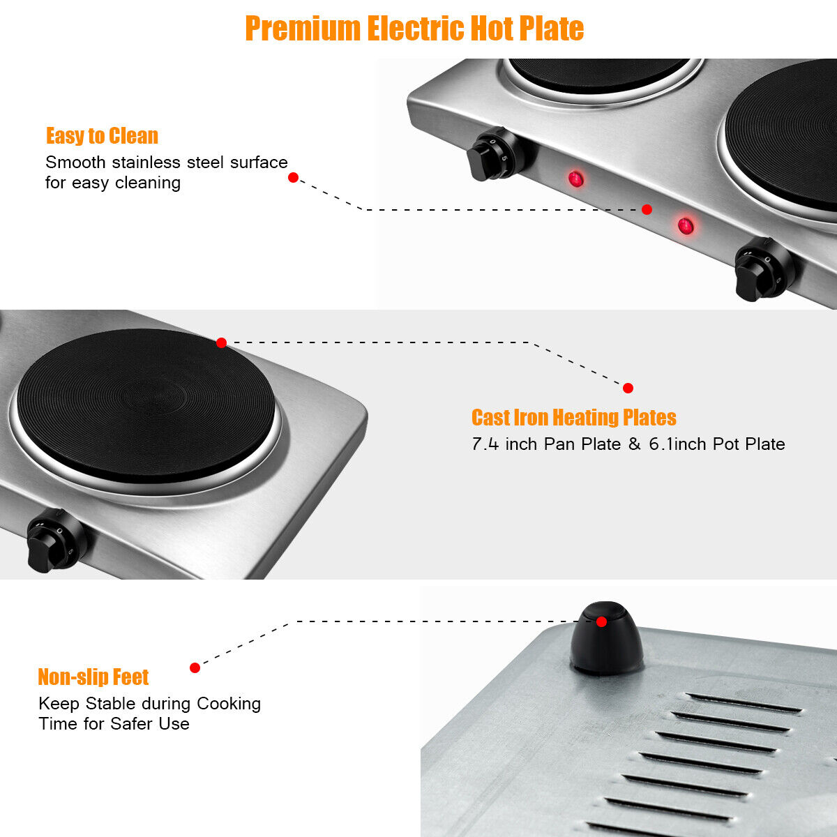 1800W Double Hot Plate Electric Countertop Burner Stainless Steel 5 Power Levels - Fresh Stock Dated February 2026