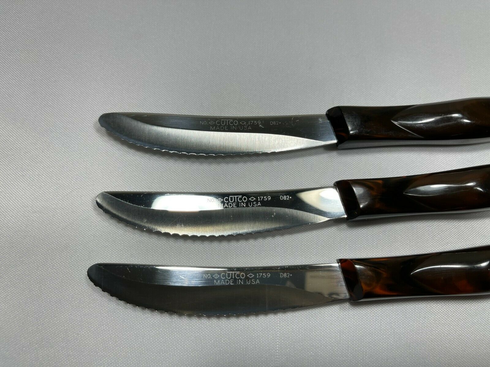 VTG Cutco Table Steak Knives set of 3 #1759 D82 Dark Brown Orange Marbling - Fresh Stock Dated January 2026