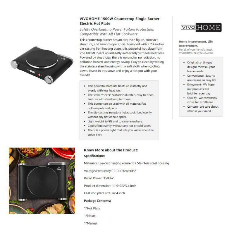 VIVOHOME 1500W Portable Electric Burner Single Hot Plate Adjustable Temperature - Fresh Stock Dated February 2026