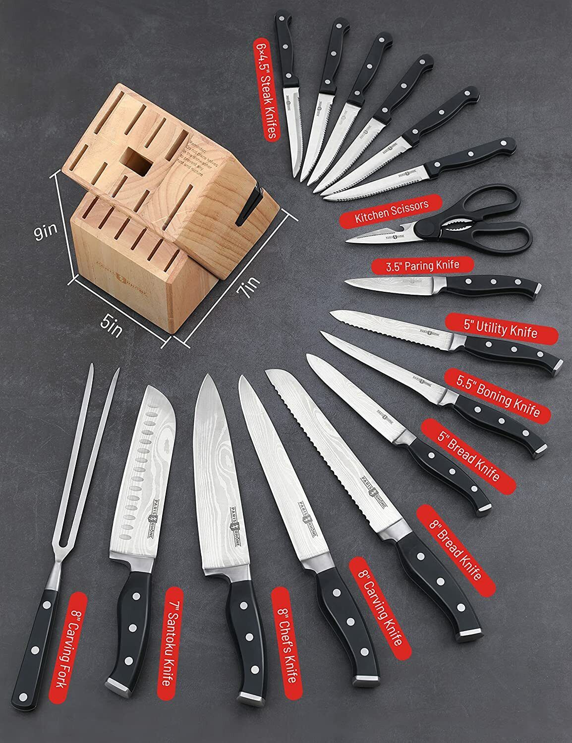 PARIS RHÔNE 17Pcs Kitchen Knife Set with Block Wooden German Stainless Steel - Fresh Stock Dated February 2026