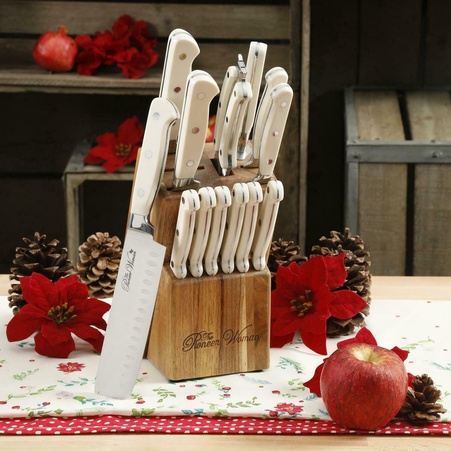 Pioneer Woman Cutlery Set Stainless Steel Kitchen Knives Wood Block Knife Set - Fresh Stock Dated January 2026