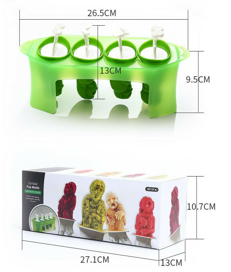 Zombie Popsicle Mold Skull Ice Pop Molds Set of 4 Popsicle Makers with sticks - Fresh Stock Dated January 2026