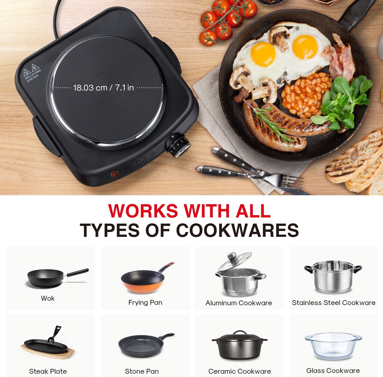 1500W Hot Plates for Cooking, Electric Single Burner with Handles, 6 Powe - Fresh Stock Dated February 2026