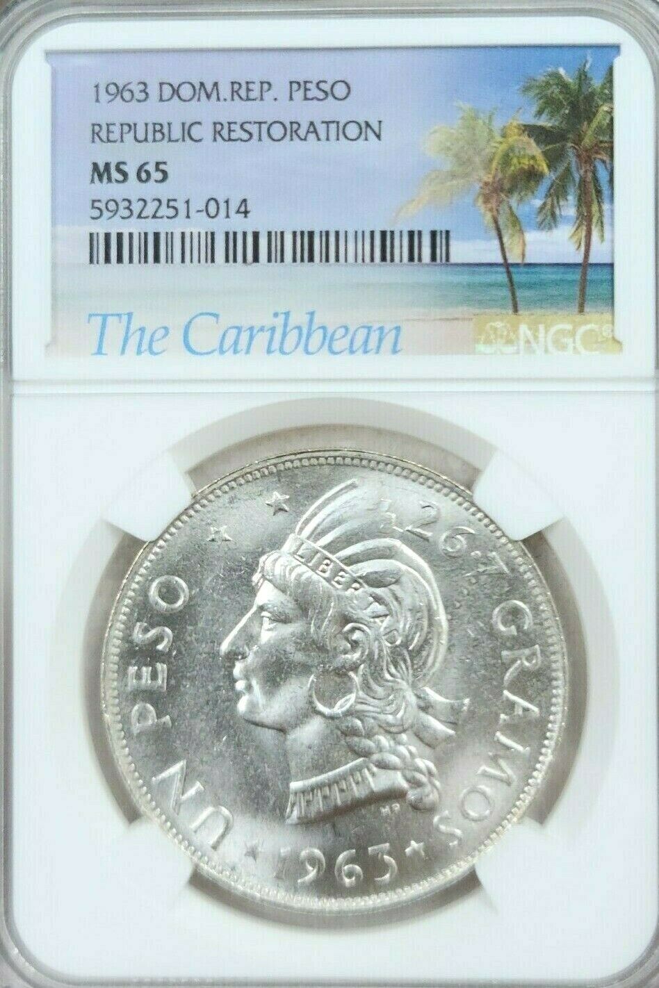 1963 DOMINICAN REPUBLIC SILVER 1 PESO REPUBLIC RESTORATION NGC MS 65 GEM BU - Fresh Stock Dated December 2025