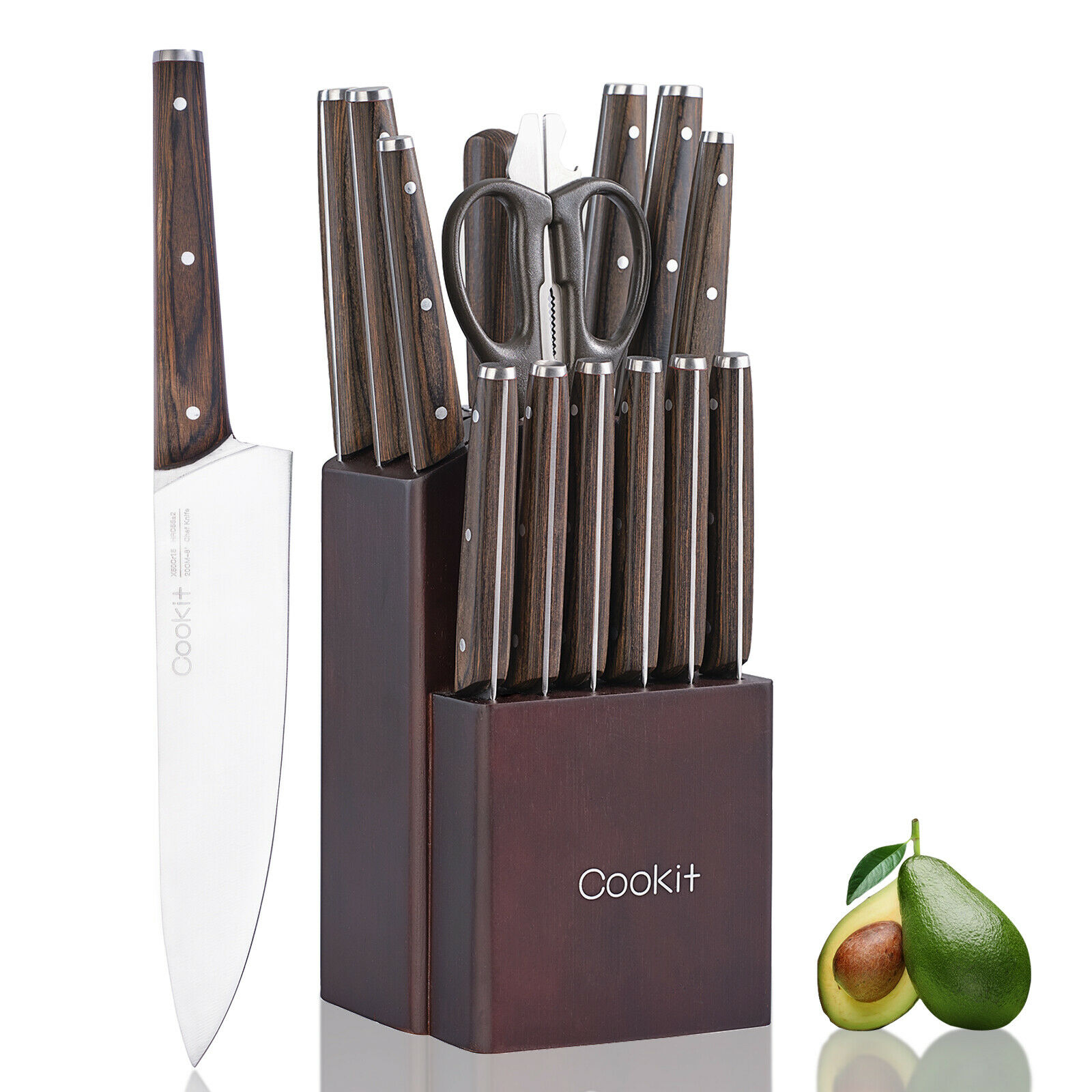 15PCS Kitchen Knife Set w/Block Chef Knife Stainless Steel Serrated Steak Knives - Fresh Stock Dated February 2026