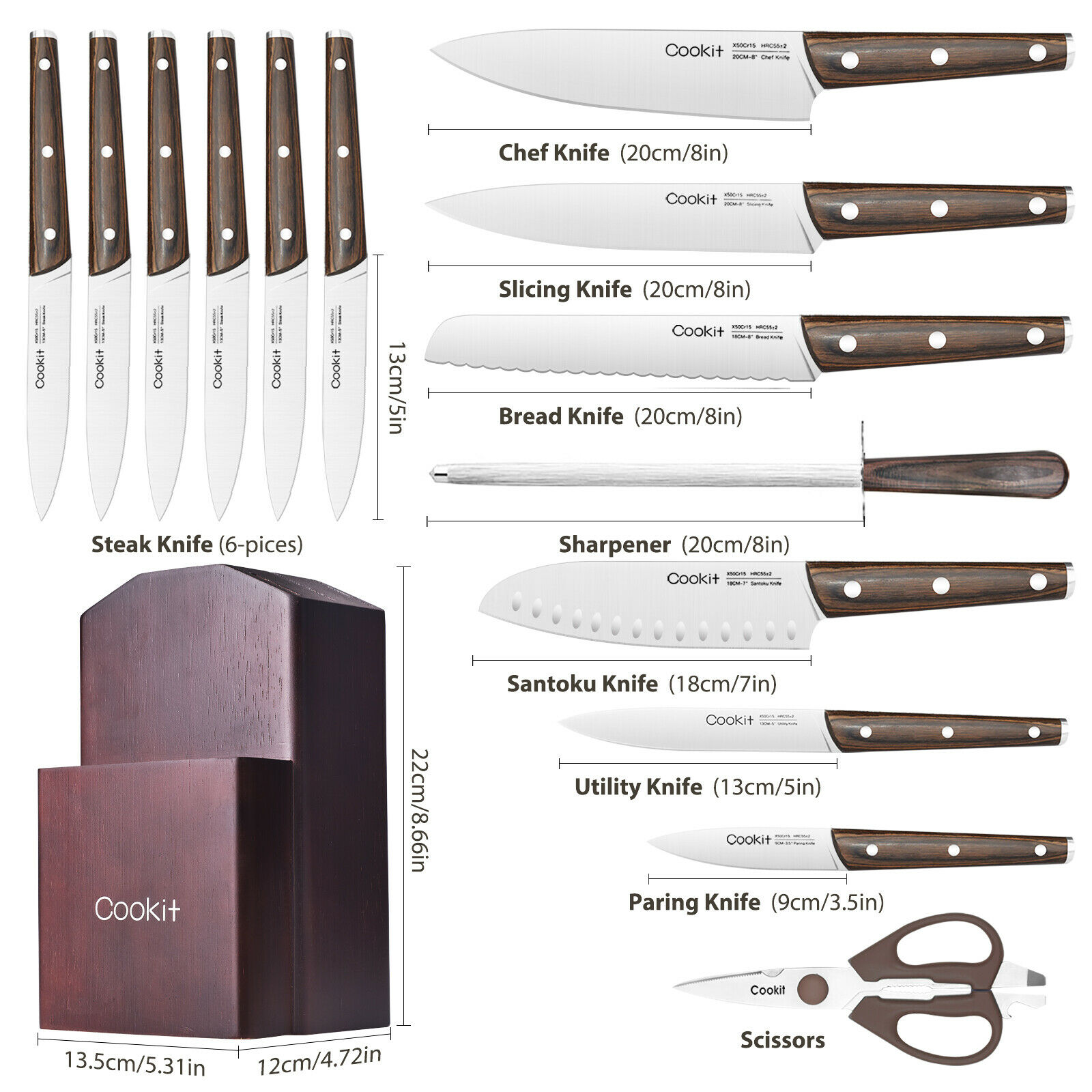 15PCS Kitchen Knife Set w/Block Chef Knife Stainless Steel Serrated Steak Knives - Fresh Stock Dated February 2026