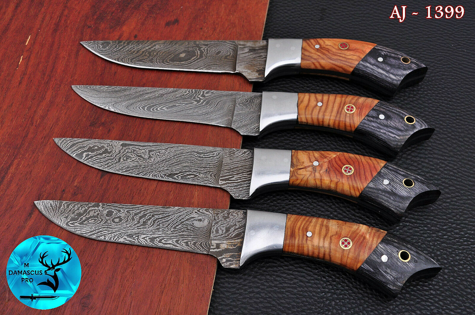 FOUR DAMASCUS STEEL STEAK CHEF KNIFE SET WITH WOOD & STEEL HANDLE - AJ 1399 - Fresh Stock Dated January 2026