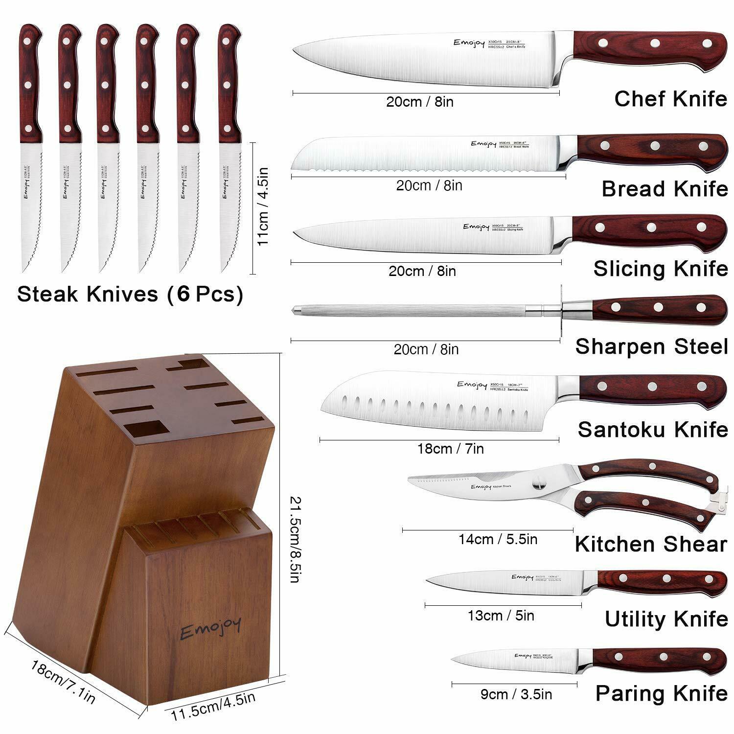 Knife Set, 15-Piece Kitchen Knife Set with Block Wooden German Stainless Steel - Fresh Stock Dated January 2026