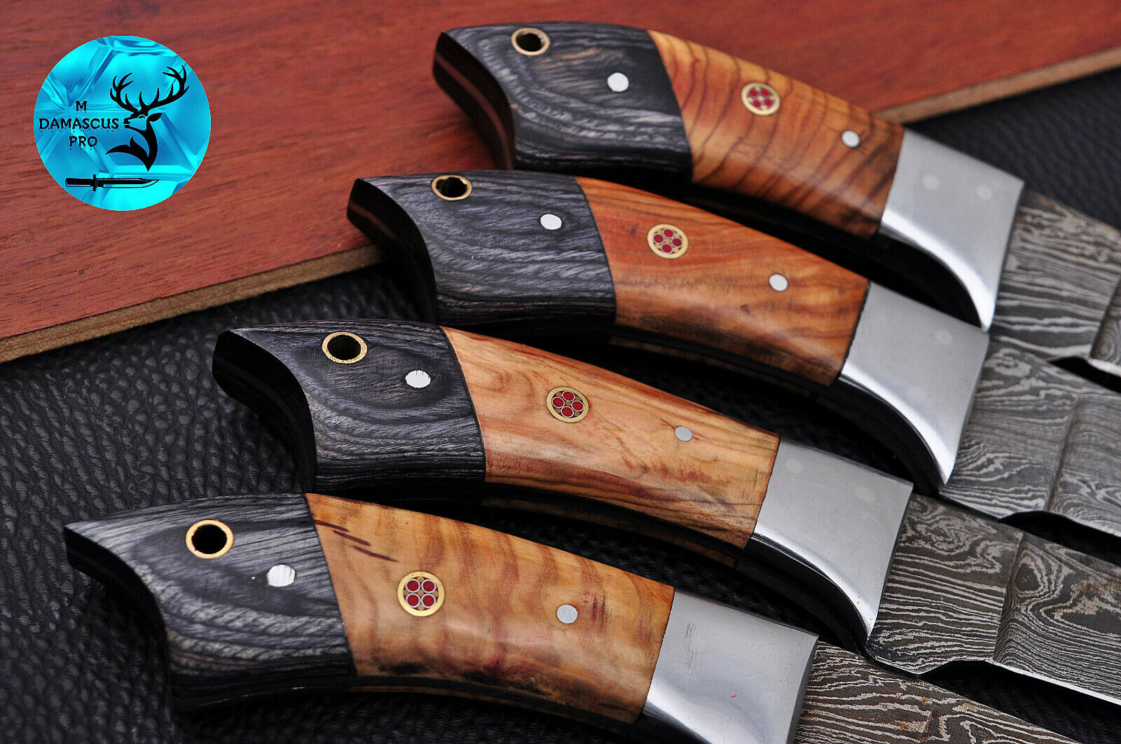 FOUR DAMASCUS STEEL STEAK CHEF KNIFE SET WITH WOOD & STEEL HANDLE - AJ 1399 - Fresh Stock Dated January 2026