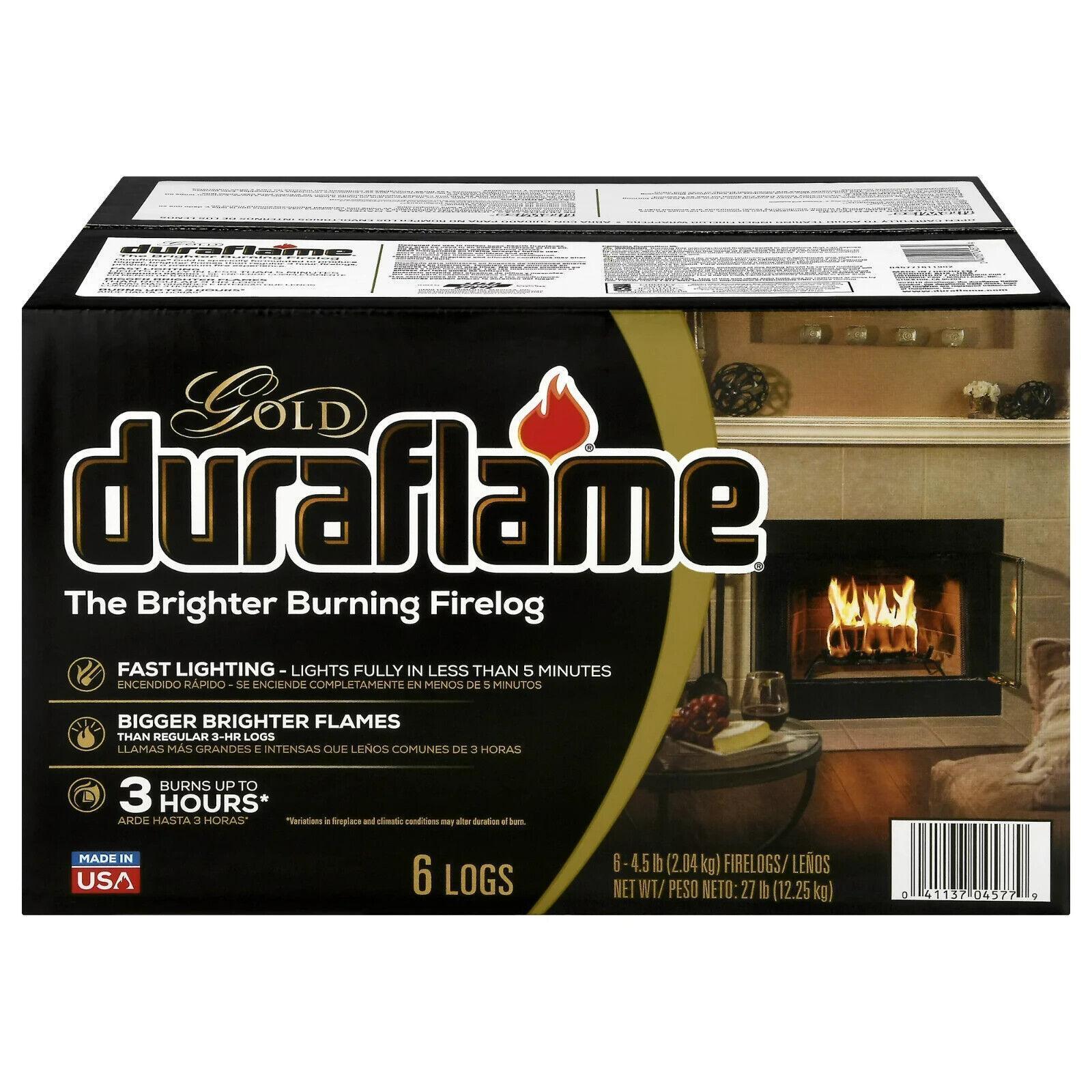 Duraflame Fire Logs 6 Pack - 4.5lb Bright Burning 3 Hour Burn Time Fast Lighting - Fresh Stock Dated January 2026