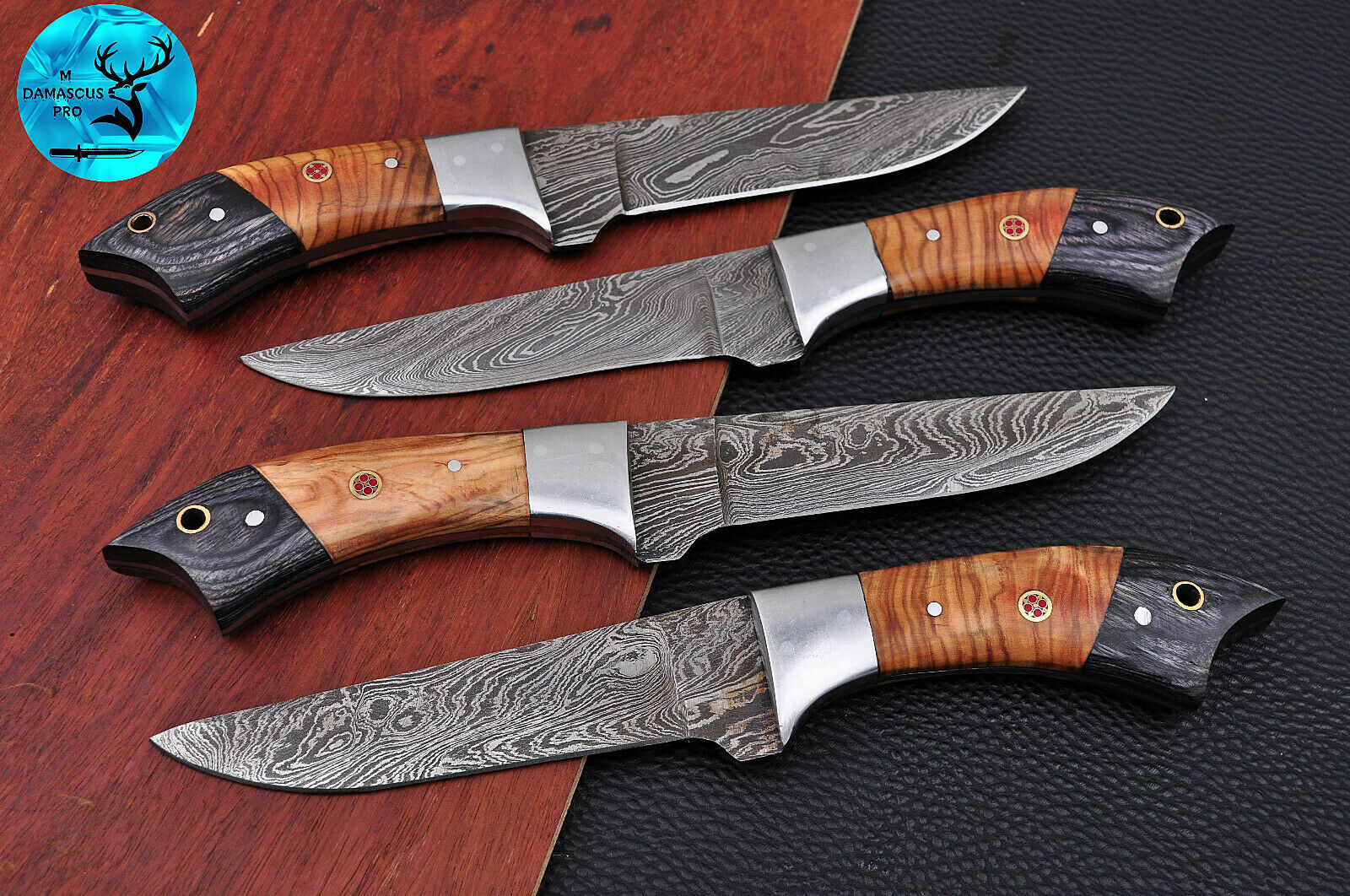 FOUR DAMASCUS STEEL STEAK CHEF KNIFE SET WITH WOOD & STEEL HANDLE - AJ 1399 - Fresh Stock Dated January 2026