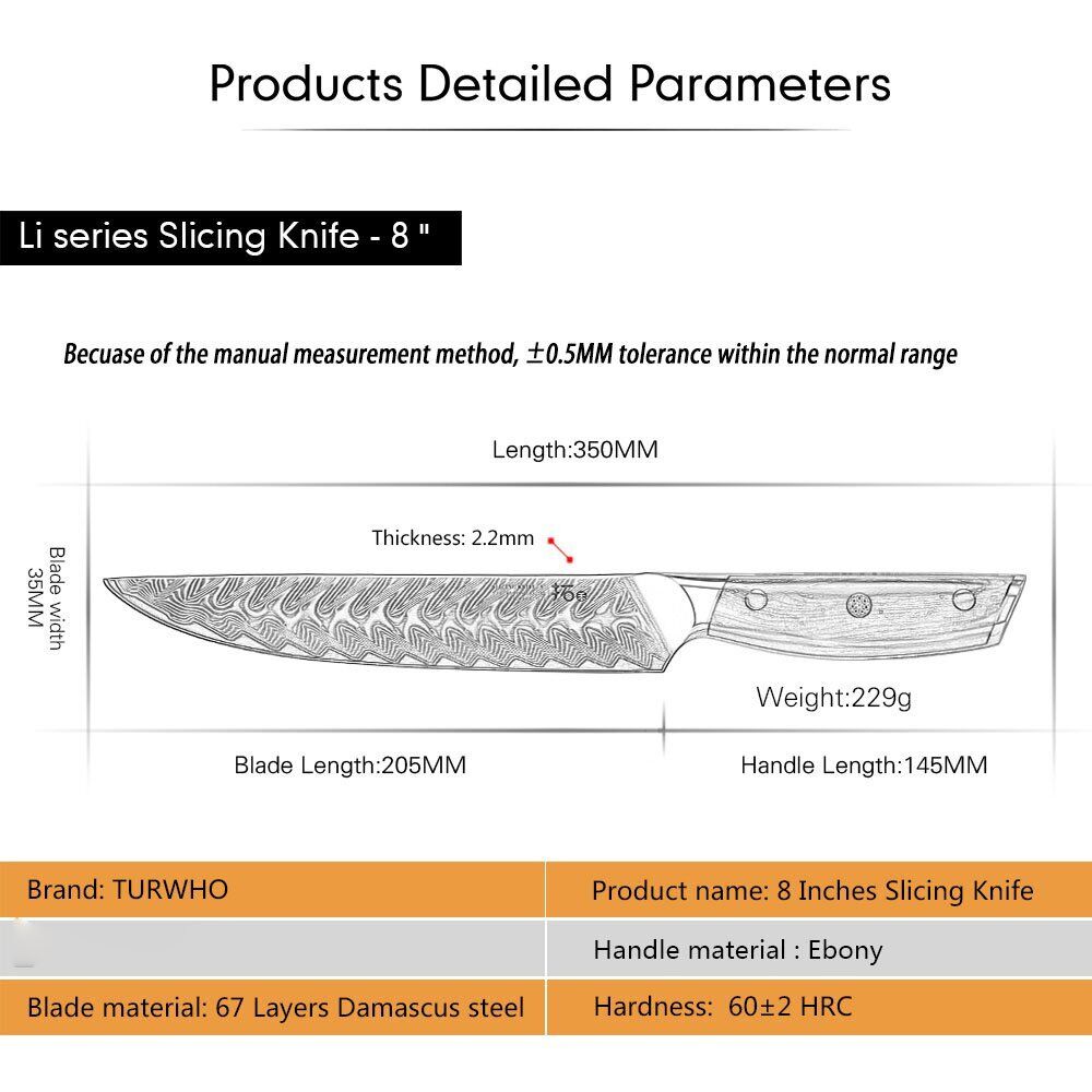 TURWHO 8inch Slicing Knife Japanese VG10 Damascus Steel Kitchen Carving Knives - Fresh Stock Dated January 2026