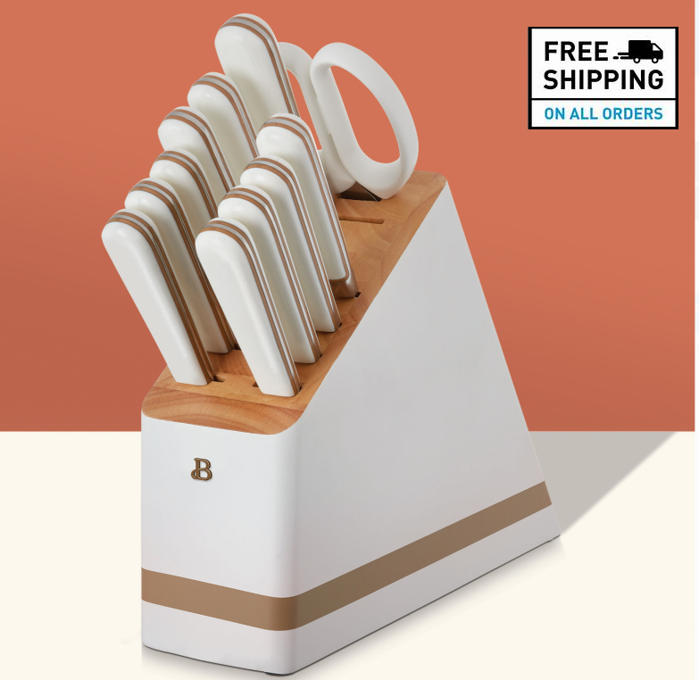 Beautiful 12-piece Kitchen Knife Block Set in White - Fresh Stock Dated January 2026