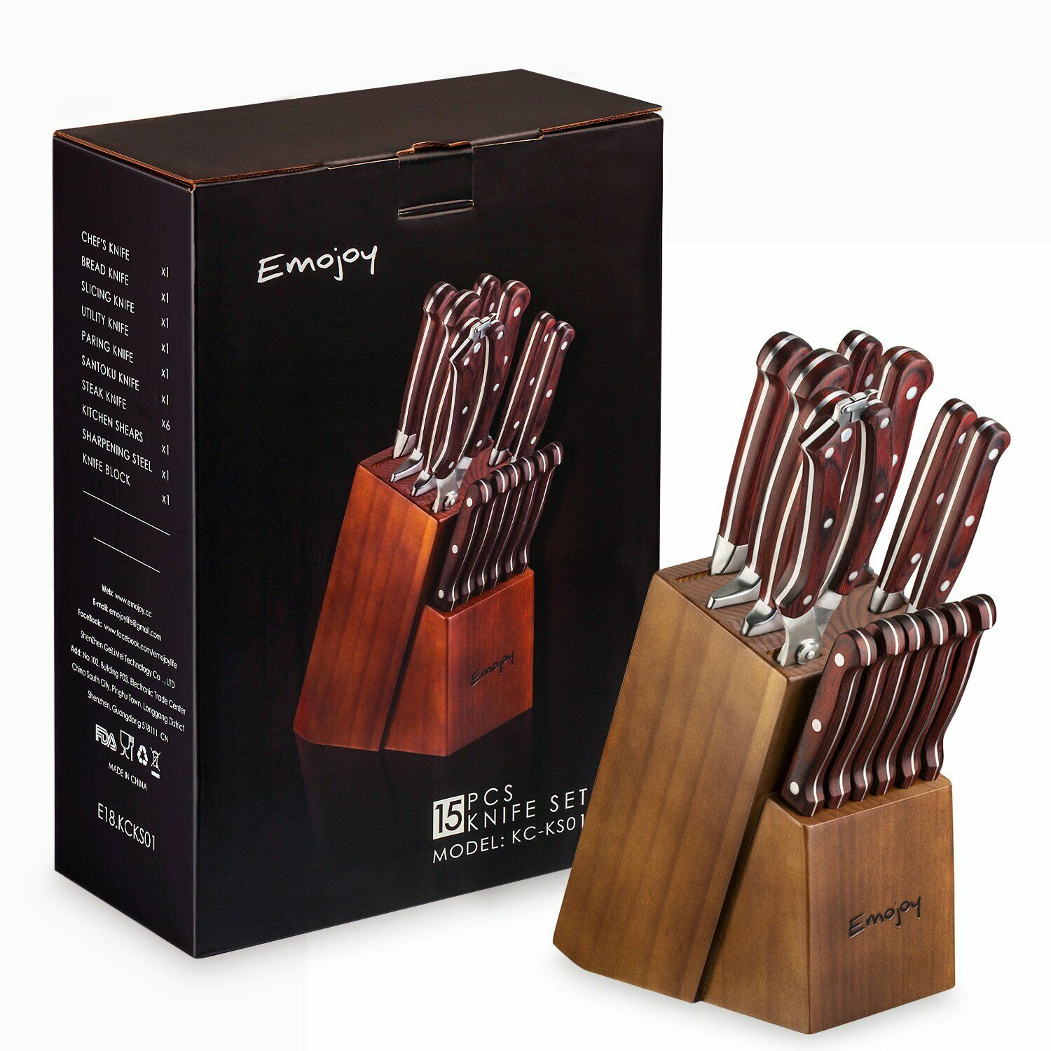 Knife Set, 15-Piece Kitchen Knife Set with Block Wooden German Stainless Steel - Fresh Stock Dated January 2026