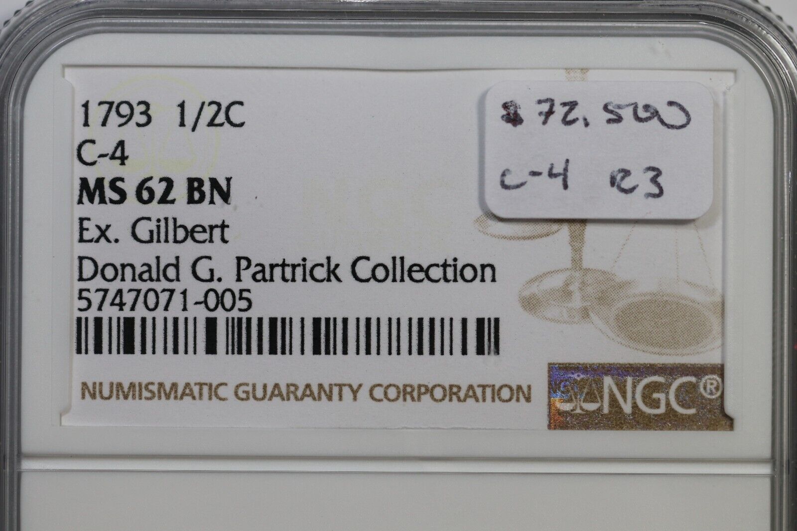 1793 C-4 R-3 NGC MS 62 BN Liberty Cap Half Cent Coin 1/2c Ex; Gilbert - Partrick - Fresh Stock Dated December 2025