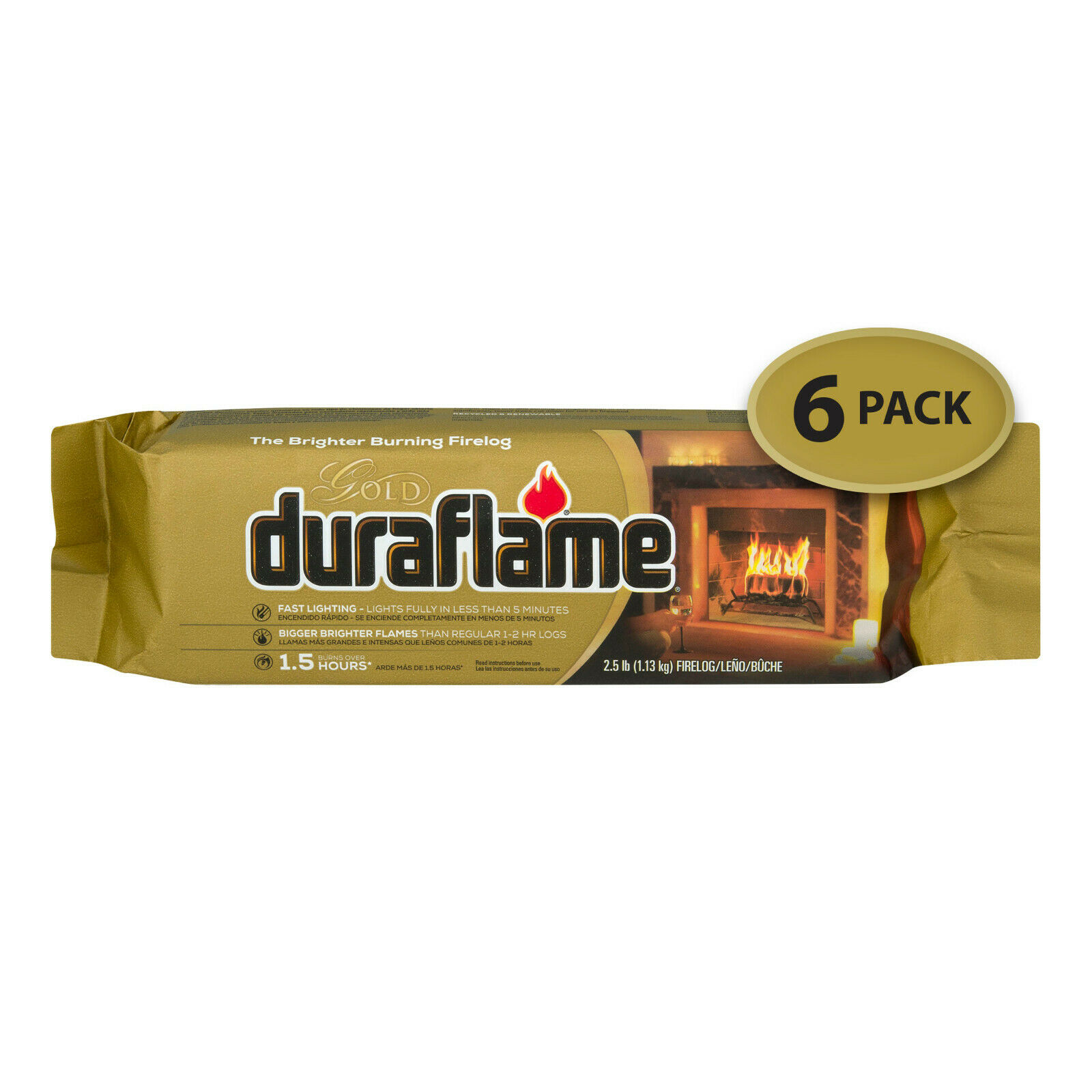 Duraflame Gold Brighter Burning 2.5 lb Firelogs 6-Pack Case Burns Over 1.5 Hours - Fresh Stock Dated January 2026