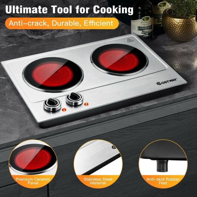 Electric Hot Plate Ceramic Double Cooktop Infrared Burner 1800W Stainless Steel - Fresh Stock Dated February 2026
