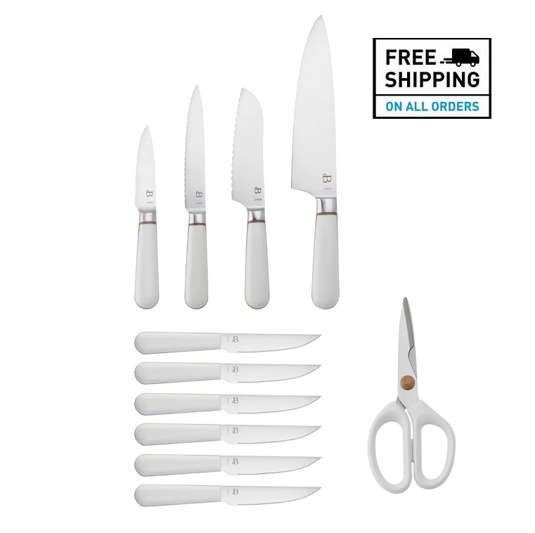 Beautiful 12-piece Kitchen Knife Block Set in White - Fresh Stock Dated January 2026