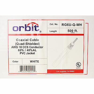 ORBIT RG6U-Q-WH QUAD SHIELD RG6U COAXIAL CABLE, 1GHZ, RG-6 COAX, WHITE, 500-FEET - Fresh Stock Dated December 2025