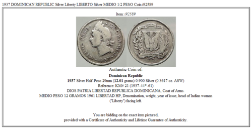 1937 DOMINICAN REPUBLIC Silver Liberty LIBERTO Silver MEDIO 1/2 PESO Coin i92589 - Fresh Stock Dated December 2025