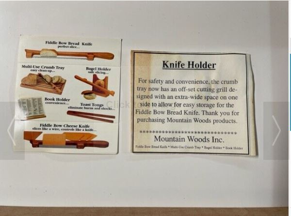 NEW- Fiddle Bow Bread Knife and Matching Wooden Cutting Board with Crumb Catcher - Fresh Stock Dated February 2026