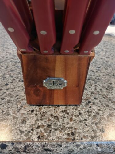 15 pc Paula Deen Red Handled Knife Acacia Wood block set * missing scissors - Fresh Stock Dated January 2026