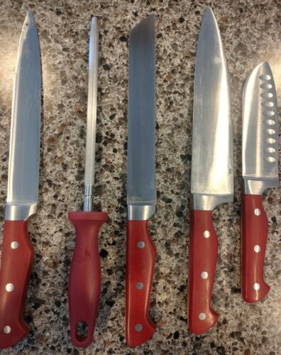 15 pc Paula Deen Red Handled Knife Acacia Wood block set * missing scissors - Fresh Stock Dated January 2026