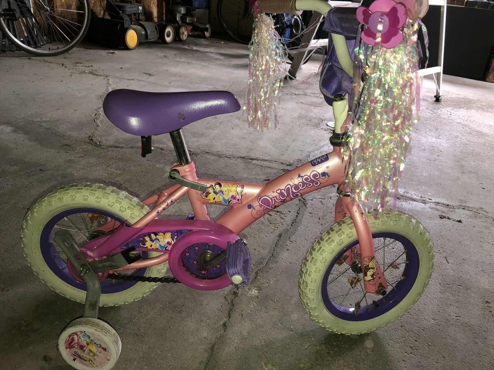 Girl’s bike - 12” Disney Princess w/ training wheels, bell and bag PICKUP ONLY - Fresh Stock Dated January 2026