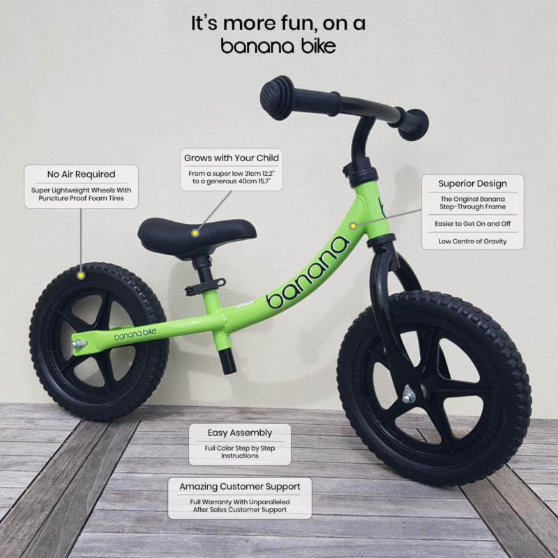 Banana Bike LT Lightweight Balance Kids 2 3 4 Year Olds Green Quick Release Seat - Fresh Stock Dated January 2026