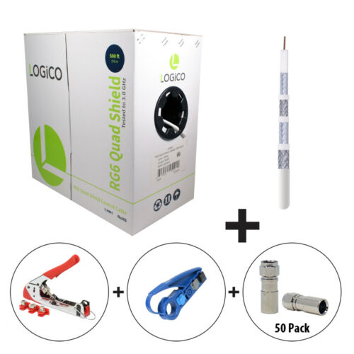 RG6 Quad Shield CoaxCable 500FT White+Strip Tool+Crimp Tool+50F-Type Connect Kit - Fresh Stock Dated December 2025
