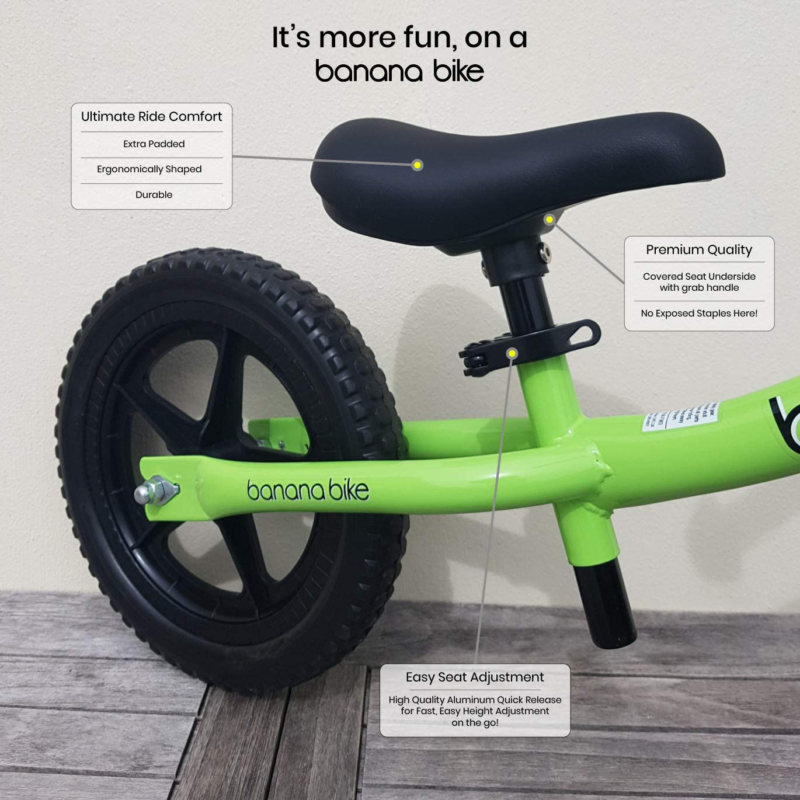 Banana Bike LT Lightweight Balance Kids 2 3 4 Year Olds Green Quick Release Seat - Fresh Stock Dated January 2026