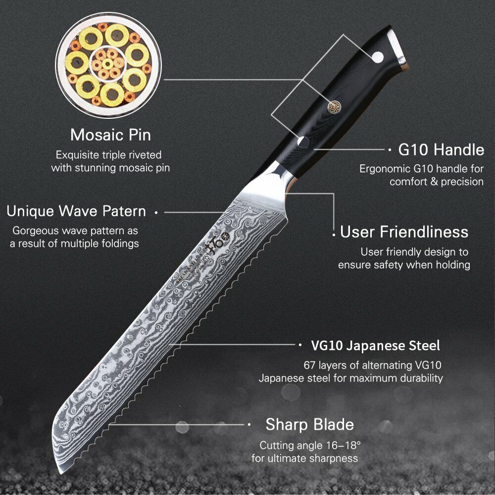 TURWHO 8'' Bread Knife Japanese VG10 Damascus Steel Serrated Sandwich Knives - Fresh Stock Dated February 2026