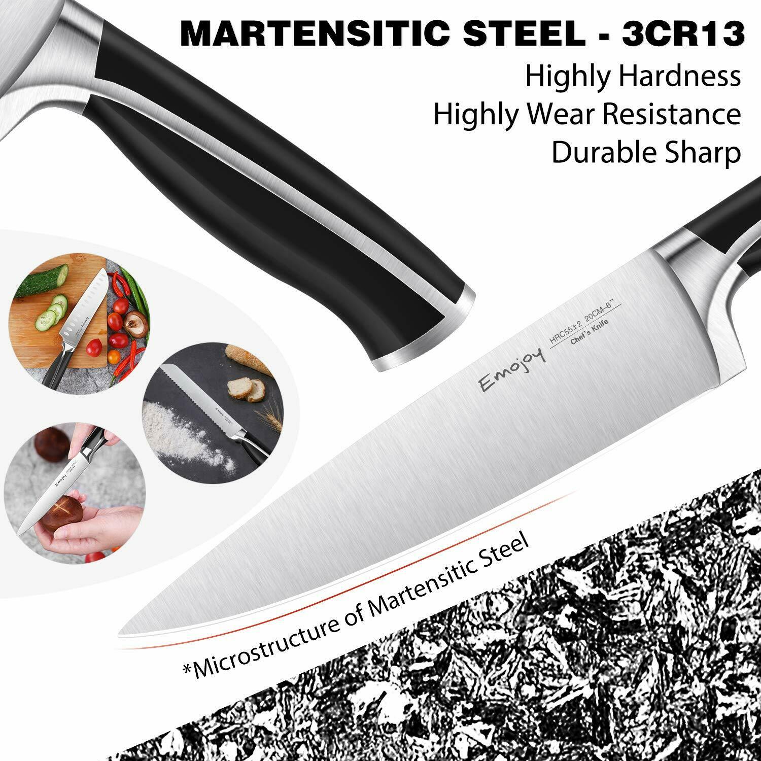 Emojoy Knife Set, 15-Piece Kitchen Knife Set with Block Wooden, Black Handle - Fresh Stock Dated January 2026