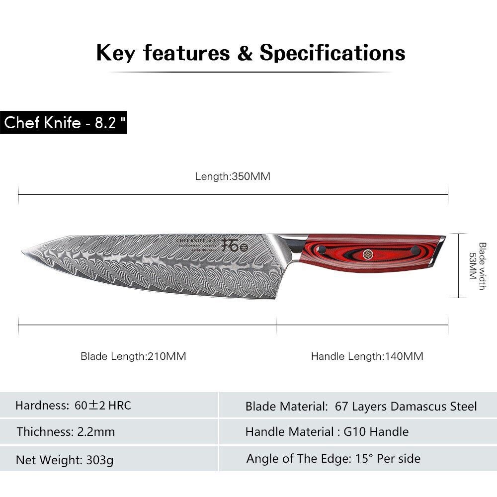 TURWHO 8.2inch Chef Knife 67-Layer Japanese VG10 Damascus Steel Kitchen Knives - Fresh Stock Dated January 2026